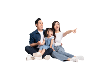 full body of a happy asian family posing on a png background	