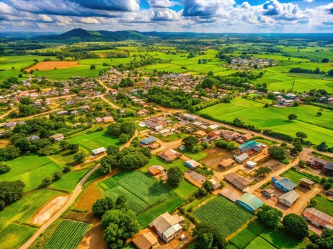 Breathtaking aerial view of Jos Plateau, Nigeria; showcasing a charming town and expansive farmlands.
