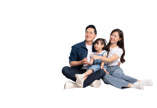 full body of a happy asian family posing on a png background	