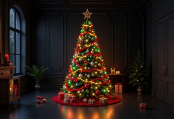 christmas tree set in a black room interior, 3d rendered with festive lights and decorations, emphasizing contrast between dark background and bright holiday colors