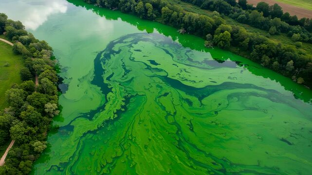 Aerial View of Vibrant Green Algae Bloom on a River Surface Near Trees in a Natural Landscape