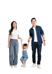 full body of a happy asian family posing on a png background	