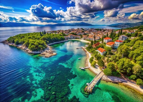 Breathtaking aerial view of Poli Mora Beach, Selce, Croatia; turquoise waters sparkle.