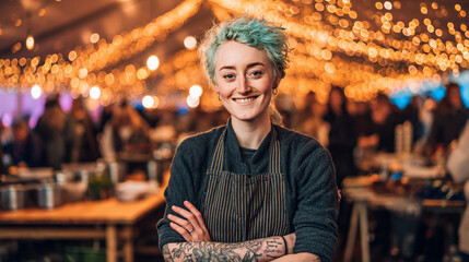 Blue-Haired Culinary Artist Chef with Smiling Portrait at Vibrant Festival: Celebrating Women in Culinary with Creative Cuisine and Artisan Food in a Joyful Indoor Market