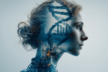 Double exposure portrait of a scientist with dna helix and lab equipment overlay, futuristic research concept