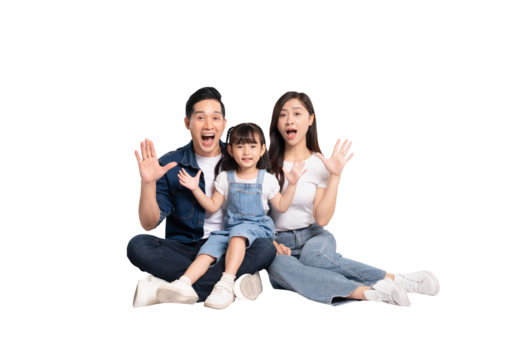 full body of a happy asian family posing on a png background	