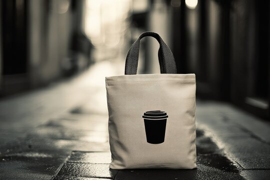 Fototapeta A beige tote bag with a coffee cup design sits on a wet city street.