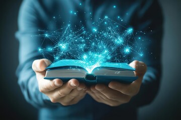 Digital education and elearning concept showcasing a businessman engaging with a glowing, interactive book filled with digital knowledge in a modern workspace