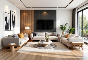 a 3d rendered modern living room interior showcasing stylish furniture, decorative accents, and bright natural lighting, creating a balanced, aesthetically pleasing contemporary home scene.