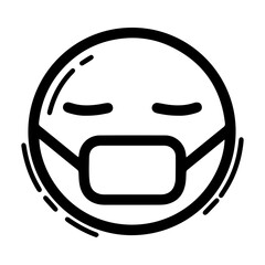 Outline style drawing of a circular emoji wearing a medical face mask, conveying illness, protection, or caution. Can be used to represent sickness, health precautions, safety, public health awareness