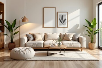 a living room 3d render featuring a plush sofa and a soft pouf, placed in a comfortable and modern arrangement with warm lighting and simple accents for a cozy home environment.