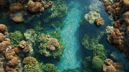 Aerial view of a turquoise river passing through a colorful coral reef