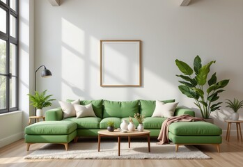 a 3d rendered living room with a green sofa placed against a neutral wall, combining vibrant color with modern decor to create a cozy, refreshing, and visually interesting space.