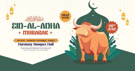 Eid Al-Adha Mubarak Celebration Banner with Sacrificial Animal