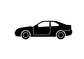 A black silhouette of a coupe car with visible door and wheels on a plain white background view from side