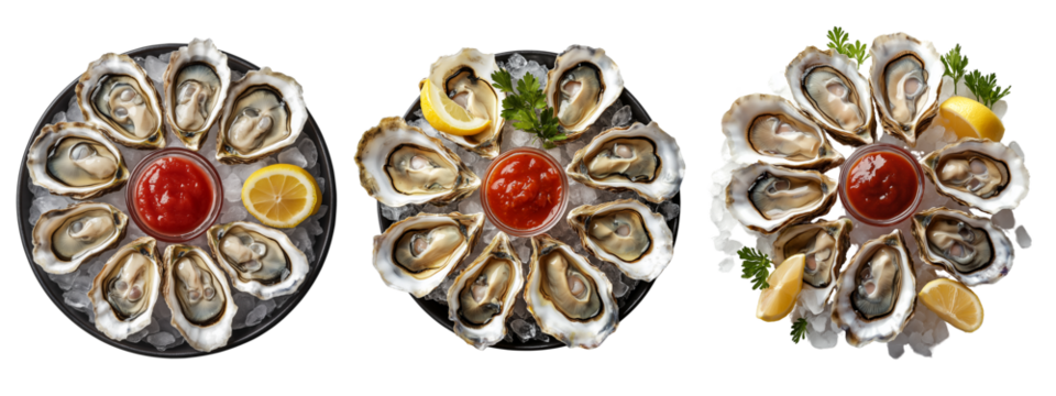 Hyper realistic A half-dozen raw oysters on the half shell with lemon wedges and cocktail sauce, placed neatly on crushed ice, isolated on transparent background.