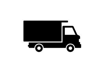 A simple black silhouette of a delivery truck with a rectangular cargo box on a white background space