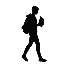 Silhouette of a student with a backpack and book in hand