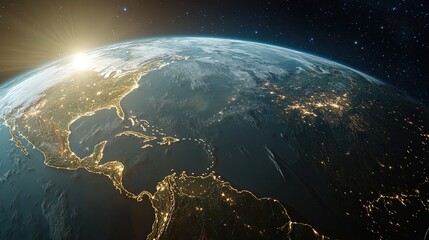 Obraz premium Earth View From Space with City Lights and Sun