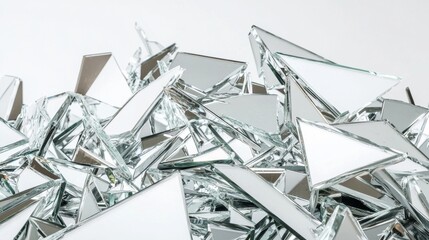 Shattered glass fragments scattered across a white surface creating a reflective and chaotic arrangement