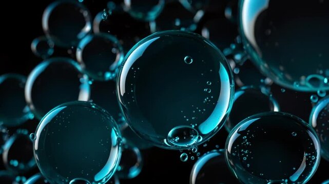 Digital artwork featuring a collection of translucent, glossy bubbles against a dark background