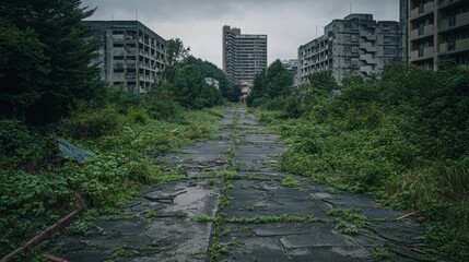 Overgrown pathway through abandoned residential area in urban Japan captured on an overcast day