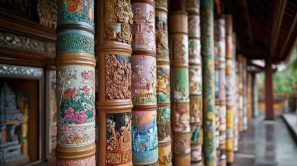 Colorful Decorative Pillars in Traditional Asian Architecture Design