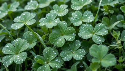 Close-up of Grass Blades and Clover Covered with Dew