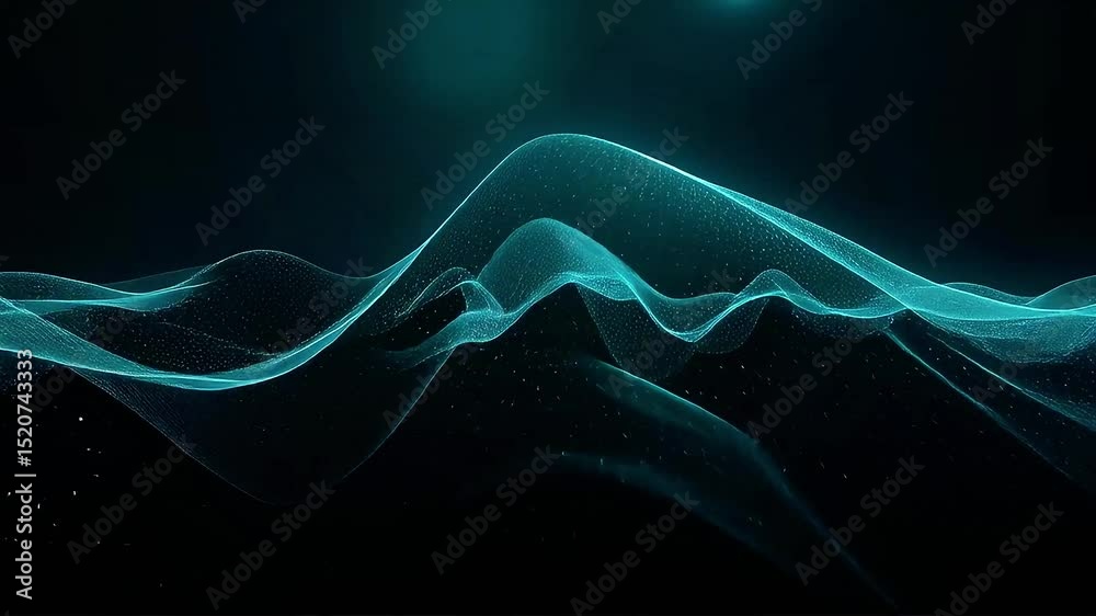 Poster Teal Particle Waves Flowing Across Dark Background