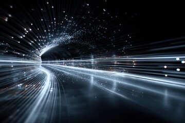 Stream of digital data moving through a futuristic tunnel, symbolizing high-tech data transport.