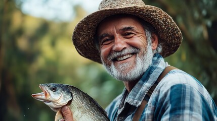 Fototapeta premium Smiling Senior Fisherman Holding Fresh Catch A Perfect Retirement Day Father Day