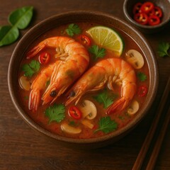 Thai Tom Yum Goong soup with shrimp, mushrooms, chili, and lime in broth. AI-generated.