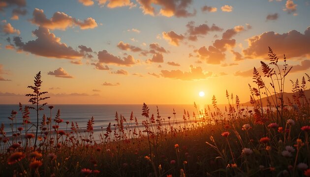 summer solstice sunset, panoramic view of a golden sun