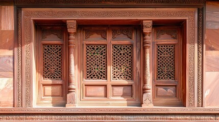 Obraz premium Ornate Wooden Window Design with Intricate Carvings and Panels