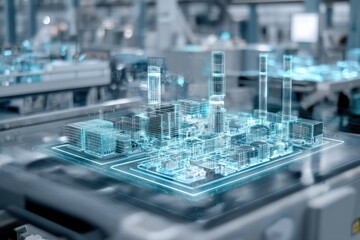 Manufacturing enhanced by digital twin tech, simulating factory operations for optimization.