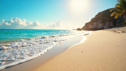 Relaxing beach scene with calm ocean waves lapping the shore, perfect for travel, vacation, or summer promotional materials Sun-kissed sand, tranquil atmosphere , calm, serenity