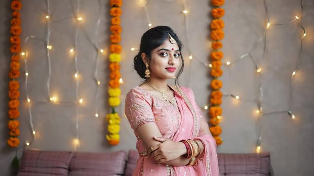 Young Indian woman wearing a pink lehenga choli and elegant jewelry, posing with crossed arms in a beautifully decorated home, celebrating the vibrant Diwali festival