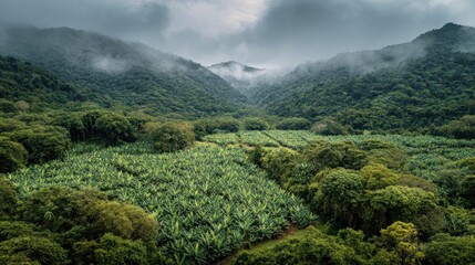Aerial view of lush tropical banana plantation