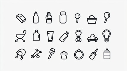 Diverse collection of simple outline icons for everyday household items and children&rsquo;s accessories