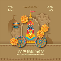 Jagannath Puri Rath Yatra. Festive paper cut style poster with Lord Jagannath, traditional festive chariot, flowers and lighted lamp
