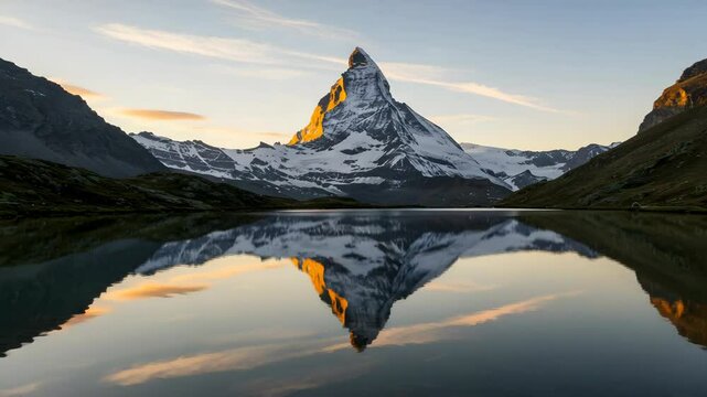 Matterhorn Mountain Reflection In Calm Lake At Sunset In Switzerland Snow Capped Peak Alpine Scenery