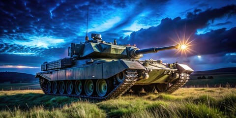 Fototapeta premium British Army's Challenger 2 CRARRV performs nighttime recovery operations in Wiltshire's grasslands.