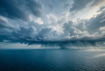 Stormy Sky over Deep Blue Sea with Distant Rain Shower and Dramatic Cumulus Clouds