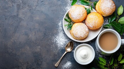 Fresh Baked Pastries with Powdered Sugar and Coffee on Dark Surface