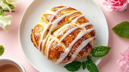 Delicious Glazed Pastry on a White Plate with Pink Background