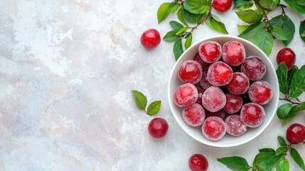 Fresh Red Plums in White Bowl Surrounded by Green Leaves
