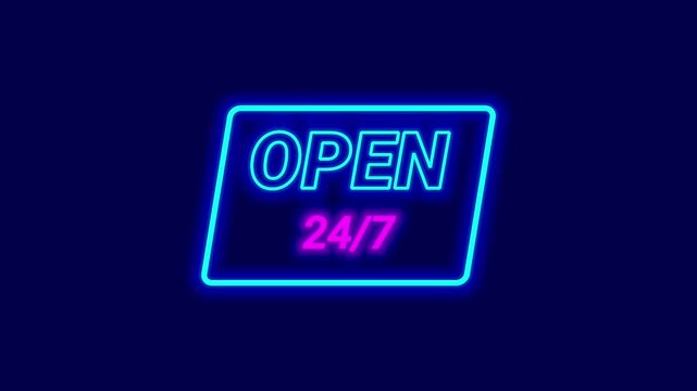 A vibrant neon sign with the words Open 24 hour glows against the dark, symbolizing nonstop service, availability, and convenience