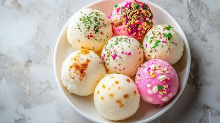 Colorful Assortment of Ice Cream Scoops in a White Bowl