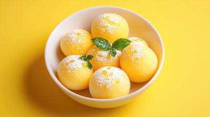Refreshing Yellow Dessert Balls Topped with Powdered Sugar and Mint