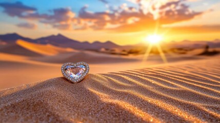 Heart-shaped Gemstone Sparkling in Desert Landscape at Sunset